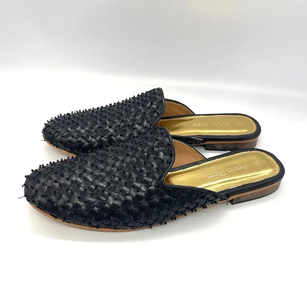 Anna Ricci Black Beaded Woven Women's Mules Size 10